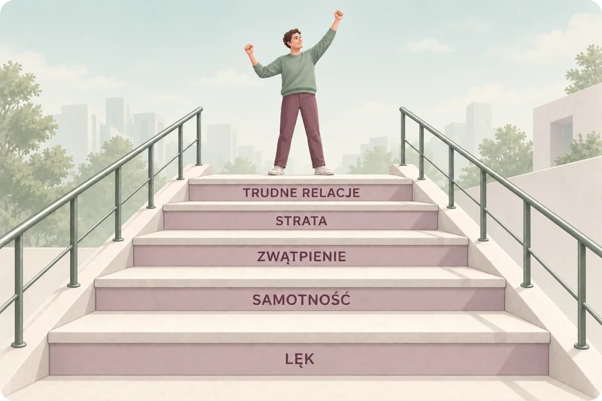Człowiek z uniesionymi rękami na szczycie schodów opisanych słowami: lęk, samotność, zwątpienie, strata i trudne relacje.